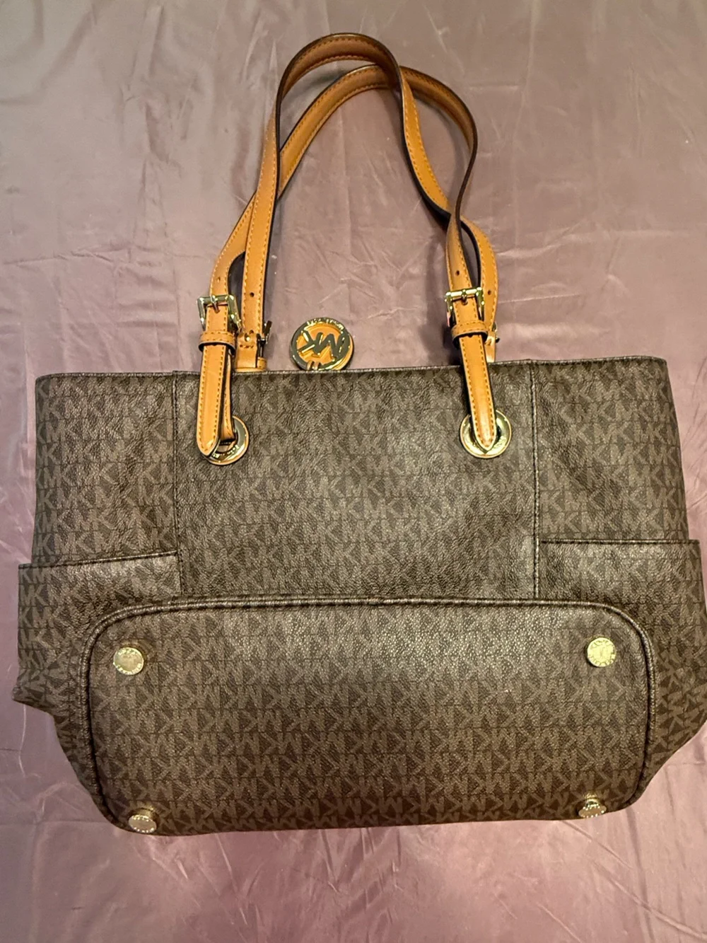 Michael Kors Jet Set East West Dark Brown Logo Tote with Cognac Straps